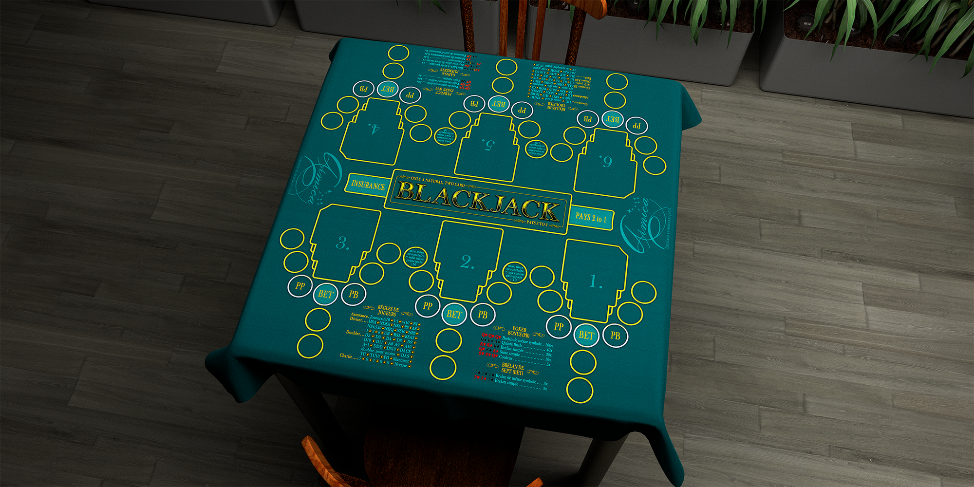 Blackjack | 76x76cm / 30x30in | French | 2-way | 6-slot | turquoise